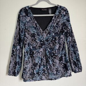 Axcess Top Size XL Long Sleeve Floral Dark Whimsigoth Blue Black Vneck Babydoll
